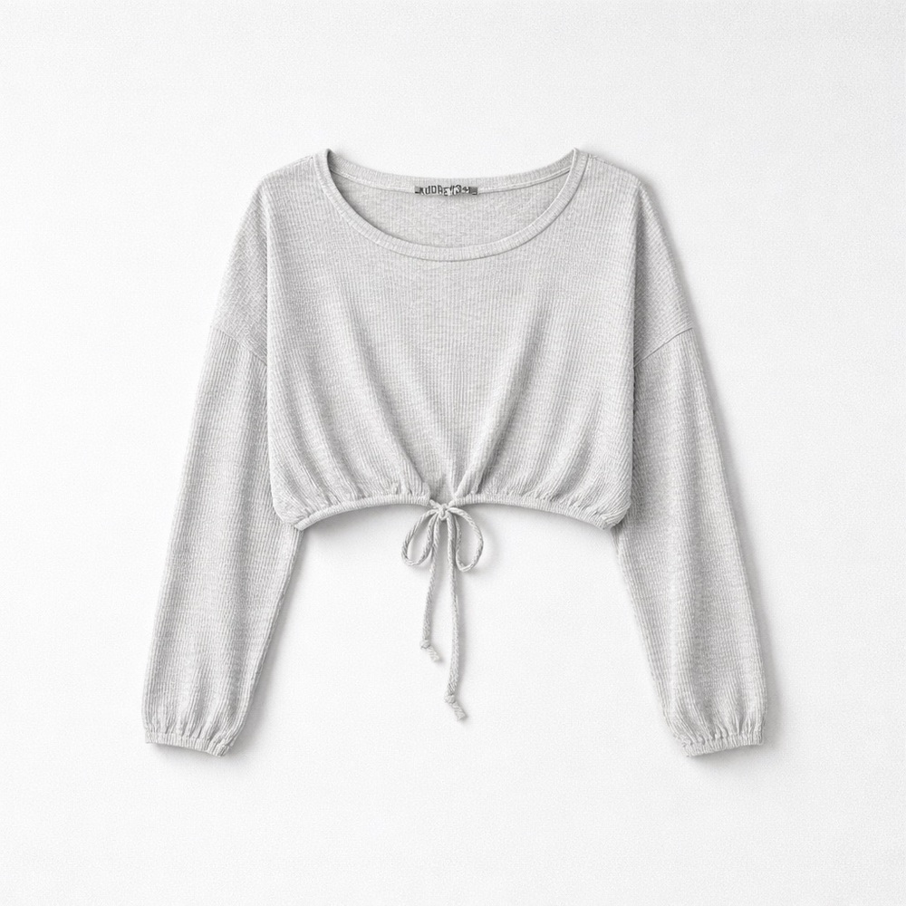 Audrey 3+1 White Ribbed Long-Sleeve Tie-Front Crop Top - Picture 2 of 6